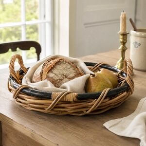 Woven Rattan Wicker Round Serving Tray Basket with Handles Tan Black 13 Inch